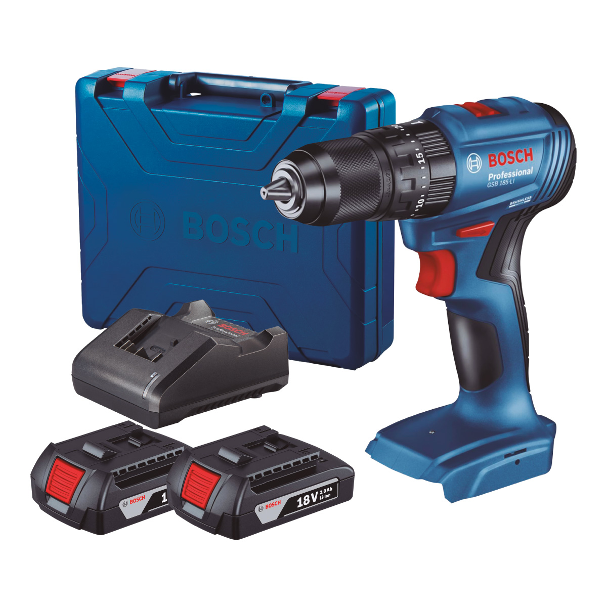BOSCH TALADRO PERCUTOR 1/2″65NM BRUSHLESS + 2 BAT 2.0AH GSB 185 06019K31G0  (0610969)